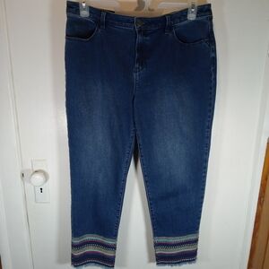 Chico's Jeans Womens 2 Blue Denim Slim Leg Ankle Perfect Stretch Boho Embroidery